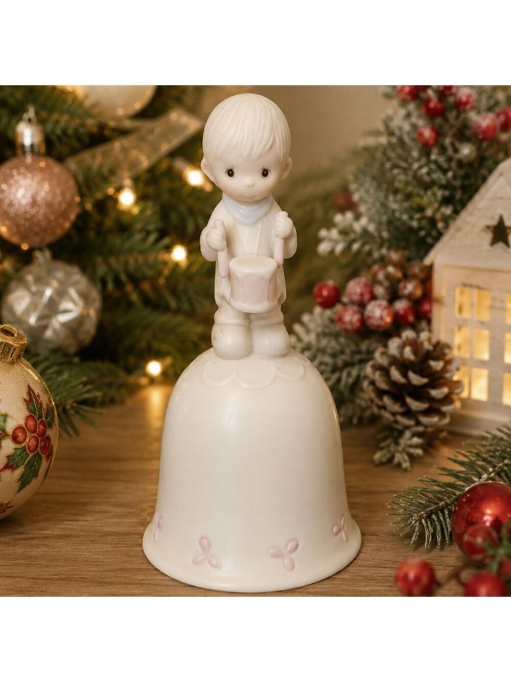 Precious Moments" "Ill Play My Drum For Him" Porcelain Bisque Bell Special 1982